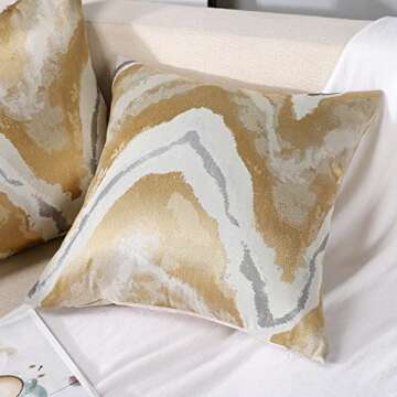 Ohok Set of 2 Gold Silver White Wave Stripe Decorative Throw Pillow Covers Pillow Cases 18x18 Inches for Home Decor Living Room Bedroom Bed Couch Chair