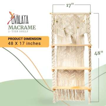 LIVALAYA 3 Tier Macrame Wall Hanging Shelf for Boho Hanging Wall Decor Shelves for Bedroom Bathroom,...