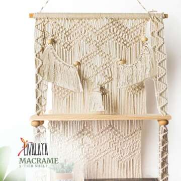 LIVALAYA 3 Tier Macrame Wall Hanging Shelf for Boho Hanging Wall Decor Shelves for Bedroom Bathroom, Nursery Bohemian Shelf for Cute Indoor Plants, Farmhouse Woven Rope Picture Holders