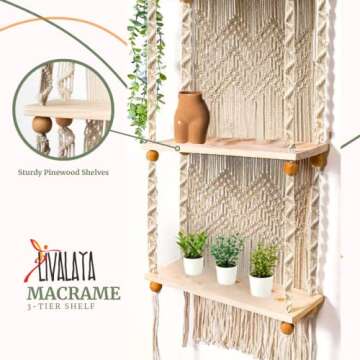 LIVALAYA 3 Tier Macrame Wall Hanging Shelf for Boho Hanging Wall Decor Shelves for Bedroom Bathroom, Nursery Bohemian Shelf for Cute Indoor Plants, Farmhouse Woven Rope Picture Holders