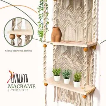 LIVALAYA 3 Tier Macrame Wall Hanging Shelf for Boho Hanging Wall Decor Shelves for Bedroom Bathroom, Nursery Bohemian Shelf for Cute Indoor Plants, Farmhouse Woven Rope Picture Holders