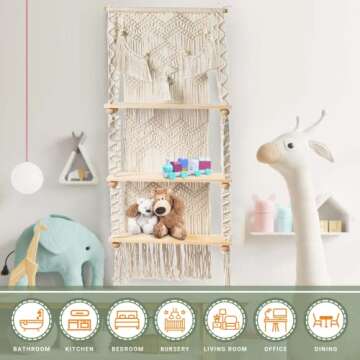 LIVALAYA 3 Tier Macrame Wall Hanging Shelf for Boho Hanging Wall Decor Shelves for Bedroom Bathroom, Nursery Bohemian Shelf for Cute Indoor Plants, Farmhouse Woven Rope Picture Holders