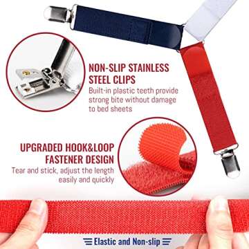 The Nyche Designs Bed Sheet Straps, Adjustable Fitted Sheet Fasteners, Three-Way Sheet Clips, Bed Sheet Grippers Holders for Corners Cover Suspenders (Patriot)