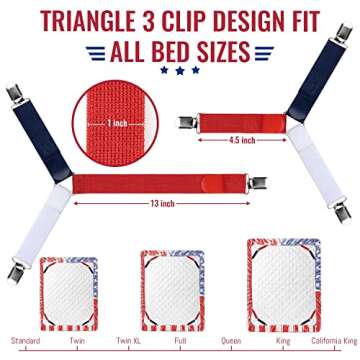 The Nyche Designs Bed Sheet Straps, Adjustable Fitted Sheet Fasteners, Three-Way Sheet Clips, Bed Sheet Grippers Holders for Corners Cover Suspenders (Patriot)
