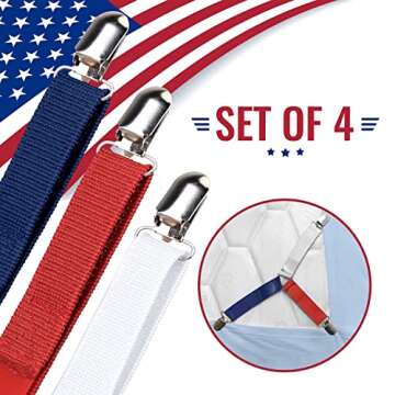 The Nyche Designs Bed Sheet Straps, Adjustable Fitted Sheet Fasteners, Three-Way Sheet Clips, Bed Sheet Grippers Holders for Corners Cover Suspenders (Patriot)