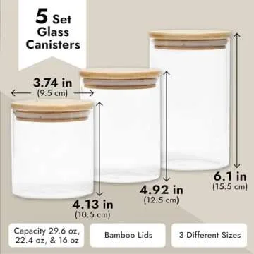 Juvale 5-Pack Glass Canisters with Bamboo Lids, 3 Sizes for Pantry Storage