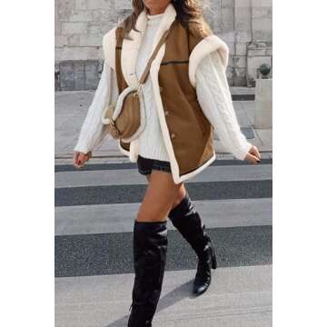 Cicy Bell Womens Suede Sherpa Vest Faux Fur Shearling Jacket Oversized Cap Sleeve Button Down Winter Coats