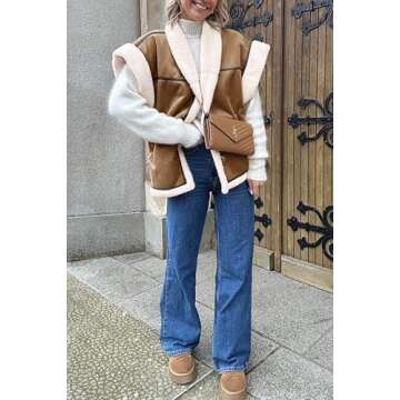 Cicy Bell Womens Suede Sherpa Vest Faux Fur Shearling Jacket Oversized Cap Sleeve Button Down Winter Coats