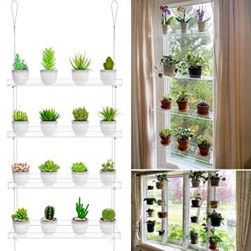 4-TierClear Plant Shelves, Height Adjustable Hanging Acrylic Indoor Wall Hanging Plant Stand Flower ...