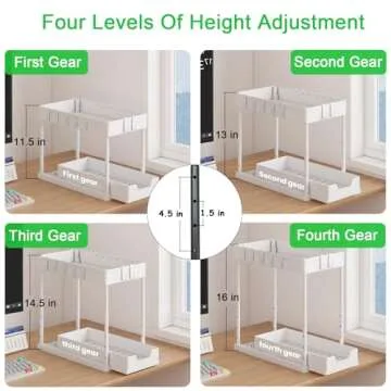 mosala Under Sink Organizers and Storage 2 Pack - Height Adjustable 2 Tier Sliding Bathroom Cabinet Organizer with Hooks - Multi - Purpose Under Kitchen Sink Organizer - White