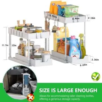 mosala Under Sink Organizers and Storage 2 Pack - Height Adjustable 2 Tier Sliding Bathroom Cabinet Organizer with Hooks - Multi - Purpose Under Kitchen Sink Organizer - White