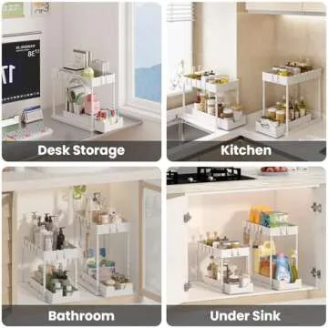 mosala Under Sink Organizers and Storage 2 Pack - Height Adjustable 2 Tier Sliding Bathroom Cabinet Organizer with Hooks - Multi - Purpose Under Kitchen Sink Organizer - White