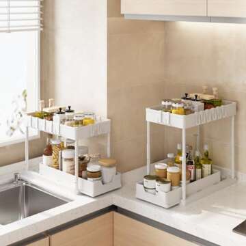 mosala Under Sink Organizers and Storage 2 Pack - Height Adjustable 2 Tier Sliding Bathroom Cabinet Organizer with Hooks - Multi - Purpose Under Kitchen Sink Organizer - White