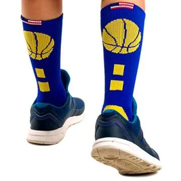 Forever Fanatics Youth Boys Basketball Socks Sports Athletic Crew Socks with Basketball Arm Sleeve - Made in USA (6 Purple/Gold, Kids 6-10 Years)