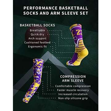 Forever Fanatics Youth Boys Basketball Socks Sports Athletic Crew Socks with Basketball Arm Sleeve - Made in USA (6 Purple/Gold, Kids 6-10 Years)