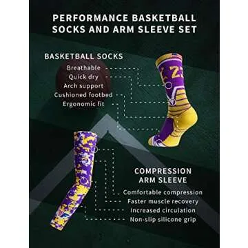 Forever Fanatics Youth Boys Basketball Socks Sports Athletic Crew Socks with Basketball Arm Sleeve - Made in USA (6 Purple/Gold, Kids 6-10 Years)