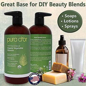 PURA D'OR Organic Vegetable Glycerin (24oz) Derived from Coconut,100% Pure Premium Grade,Clear & Odorless,Non-GMO,Kosher,Vegan,Cold Pressed,Hair,Skin & DIY Base (Packaging may vary)