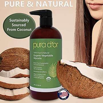 PURA D'OR Organic Vegetable Glycerin (24oz) Derived from Coconut,100% Pure Premium Grade,Clear & Odorless,Non-GMO,Kosher,Vegan,Cold Pressed,Hair,Skin & DIY Base (Packaging may vary)