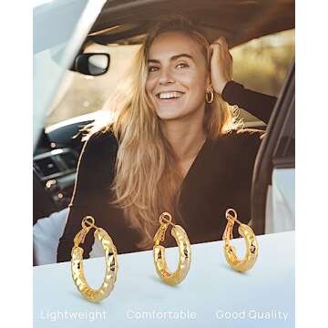 Wowshow Chunky Gold Hoop Earrings for Women, 14K Real Gold Plated Thick Gold Hoops Lightweight Earrings 30mm