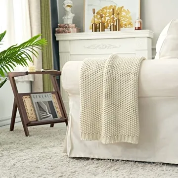 Longhui bedding Chunky Cable Knit Throw Blanket Lightweight Cream 100% Organic Cotton Blanket for Sofa Couch Bed Baby Nursery, Rustic Shabby Chic Modern Farmhouse, 51” x 63” Give Laundering Bag