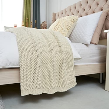 Longhui bedding Chunky Cable Knit Throw Blanket Lightweight Cream 100% Organic Cotton Blanket for Sofa Couch Bed Baby Nursery, Rustic Shabby Chic Modern Farmhouse, 51” x 63” Give Laundering Bag