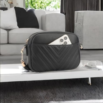 lola mae Quilted Crossbody Bag, Trendy Design Shoulder Purse (Black)