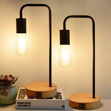 Table Lamp For Bedroom Set of 2 Industrial Desk Lamps with USB and Type-C Ports, 3 Way Dimmable Touch Control Cool Lamps with Faux Wood Bases, Vintage Nightstand Lamps for Living Room Dorm Office