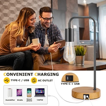 Table Lamp For Bedroom Set of 2 Industrial Desk Lamps with USB and Type-C Ports, 3 Way Dimmable Touch Control Cool Lamps with Faux Wood Bases, Vintage Nightstand Lamps for Living Room Dorm Office