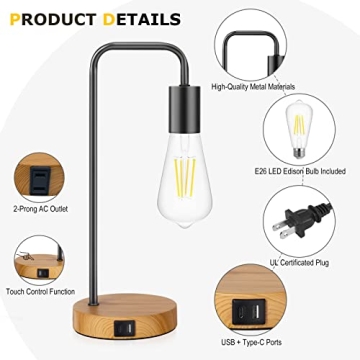 Table Lamp For Bedroom Set of 2 Industrial Desk Lamps with USB and Type-C Ports, 3 Way Dimmable Touch Control Cool Lamps with Faux Wood Bases, Vintage Nightstand Lamps for Living Room Dorm Office