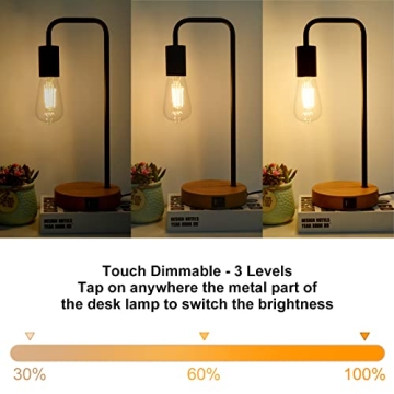 Table Lamp For Bedroom Set of 2 Industrial Desk Lamps with USB and Type-C Ports, 3 Way Dimmable Touch Control Cool Lamps with Faux Wood Bases, Vintage Nightstand Lamps for Living Room Dorm Office
