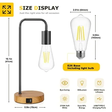 Table Lamp For Bedroom Set of 2 Industrial Desk Lamps with USB and Type-C Ports, 3 Way Dimmable Touch Control Cool Lamps with Faux Wood Bases, Vintage Nightstand Lamps for Living Room Dorm Office