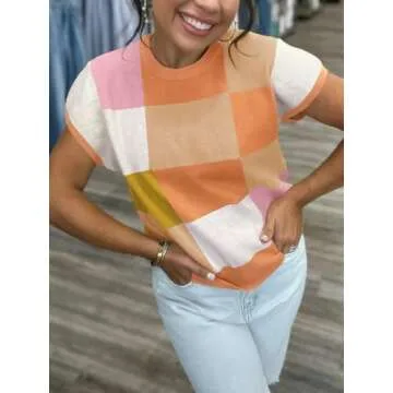 Saodimallsu Color Block Short Sleeve Sweater Top for Women