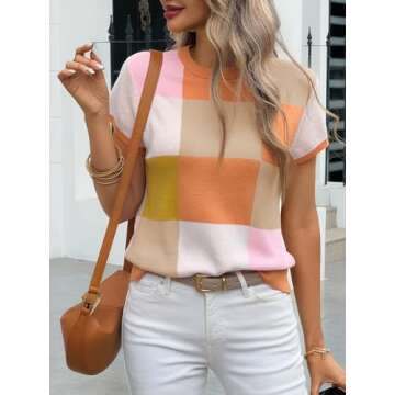 Saodimallsu Color Block Short Sleeve Sweater Top for Women