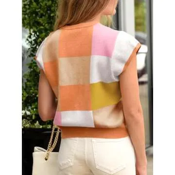 Saodimallsu Color Block Short Sleeve Sweater Top for Women