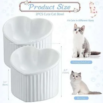 Mumufy 2 Pcs Ceramic Elevated Cat Bowls - Adorable Heart Shaped Pet Dishes