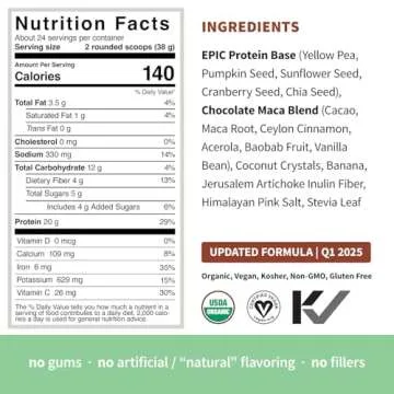 Sprout Living Epic Protein, Plant Based Protein & Superfoods Powder, Chocolate Maca Powder | 20 Grams Organic Protein Powder, Vegan, Non Dairy, Non-GMO, Gluten Free, Low Sugar (2 Pound, 24 Servings)