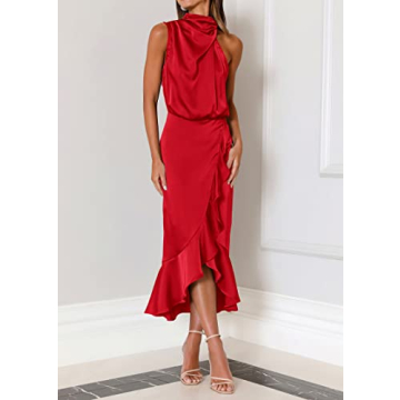 Elegant KIRUNDO Satin Mock Neck Dress for Women