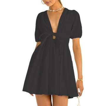 MASKAZU Women's Cute Summer Tie Beach Short Puff Sleeve Cotton Mini Dress Black S