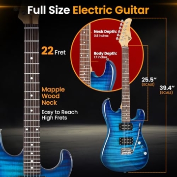 Pyle Electric Guitar Kit with Amp, Full Size Instrument with Humbucker Pickups, Guitarra Electrica Amplifier and Beginner Bundle Accessories, 39" Blue