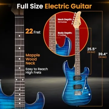 Pyle Electric Guitar Kit with Amp, Full Size Instrument with Humbucker Pickups, Guitarra Electrica Amplifier and Beginner Bundle Accessories, 39" Blue