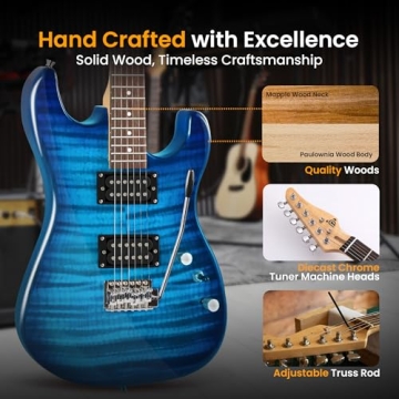 Pyle Electric Guitar Kit with Amp, Full Size Instrument with Humbucker Pickups, Guitarra Electrica Amplifier and Beginner Bundle Accessories, 39" Blue