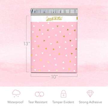 Pack It Chic - 12” X 15.5” (100 Pack) Pink Gold Triangle Confetti Poly Mailer Envelope Plastic Custom Mailing & Shipping Bags - Self Seal