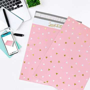 Pack It Chic - 12” X 15.5” (100 Pack) Pink Gold Triangle Confetti Poly Mailer Envelope Plastic Custom Mailing & Shipping Bags - Self Seal