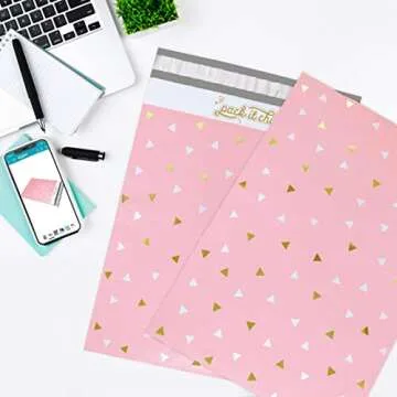 Pack It Chic - 12” X 15.5” (100 Pack) Pink Gold Triangle Confetti Poly Mailer Envelope Plastic Custom Mailing & Shipping Bags - Self Seal