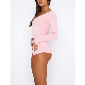 Women’s 2 Piece Work Out Outfits Ribbed Spaghetti Strap Crop Cami Tops High Waist Shorts Sets Gym Active Tracksuits (Long Sleeve Pink, M)