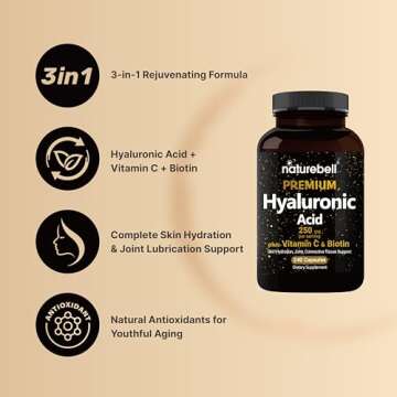 NatureBell Hyaluronic Acid Supplements 250mg | 240 Capsules, with Biotin 5000mcg & Vitamin C 25mg, 3 in 1 Support - Skin Hydration, Joint Lubrication, Hair and Eye Health