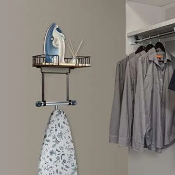 TJ.MOREE Ironing Board Hanger Metal Wall Mount Iron and Ironing Board Holder, Laundry Room Decor and Storage with Large Storage Black Wooden Base Basket and Removable Hooks