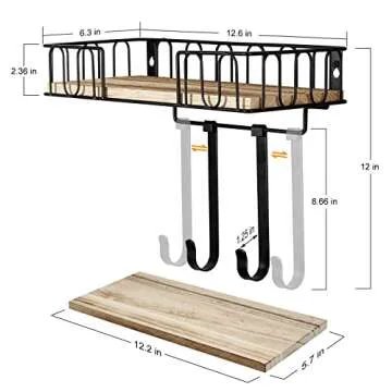 TJ.MOREE Ironing Board Hanger Metal Wall Mount Iron and Ironing Board Holder, Laundry Room Decor and Storage with Large Storage Black Wooden Base Basket and Removable Hooks