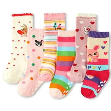 Cottock 6 Pairs Toddler Girl Knee High Grip Socks, Baby Socks Girl School Socks Anti Slip for Kids G...