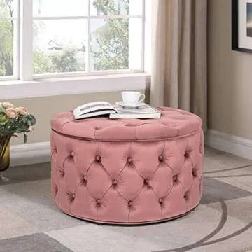 Homebeez Round Velvet Storage Ottoman - Stylish Button Tufted Footrest Coffee Table (Rose)
